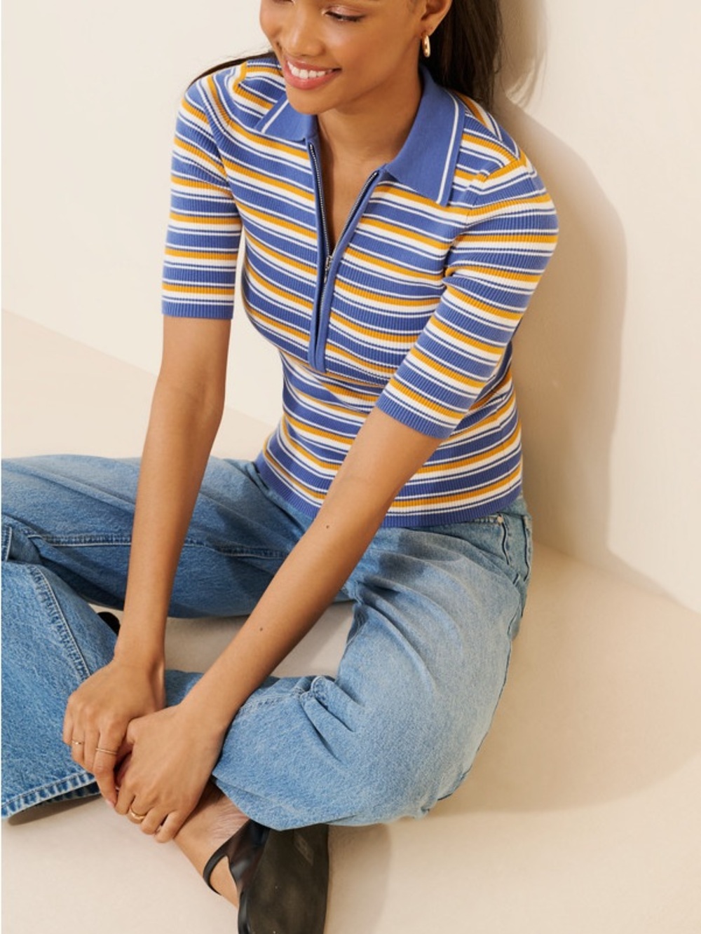Madewell Remi Blue, Yellow and White Striped Zip Johnny Collar Polo Top Size S